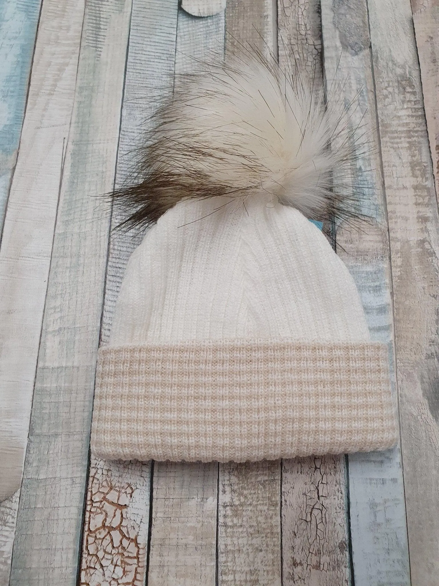 Baby First Size Ribbed Single Fluffy Faux Fur Baby Pom Pom Hat