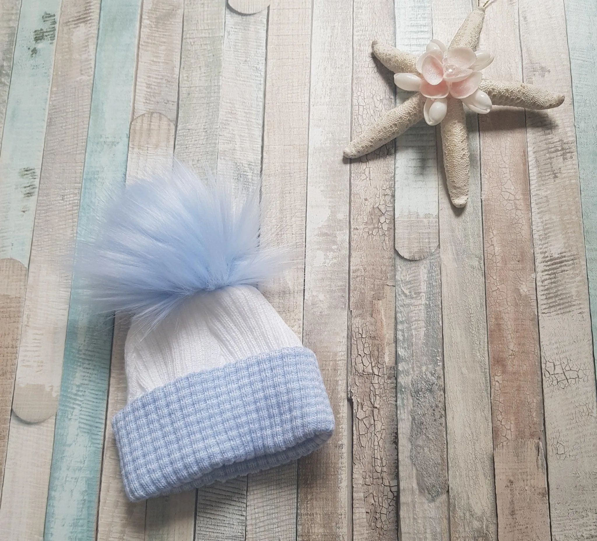 Baby First Size Ribbed Single Fluffy Faux Fur Baby Pom Pom Hat