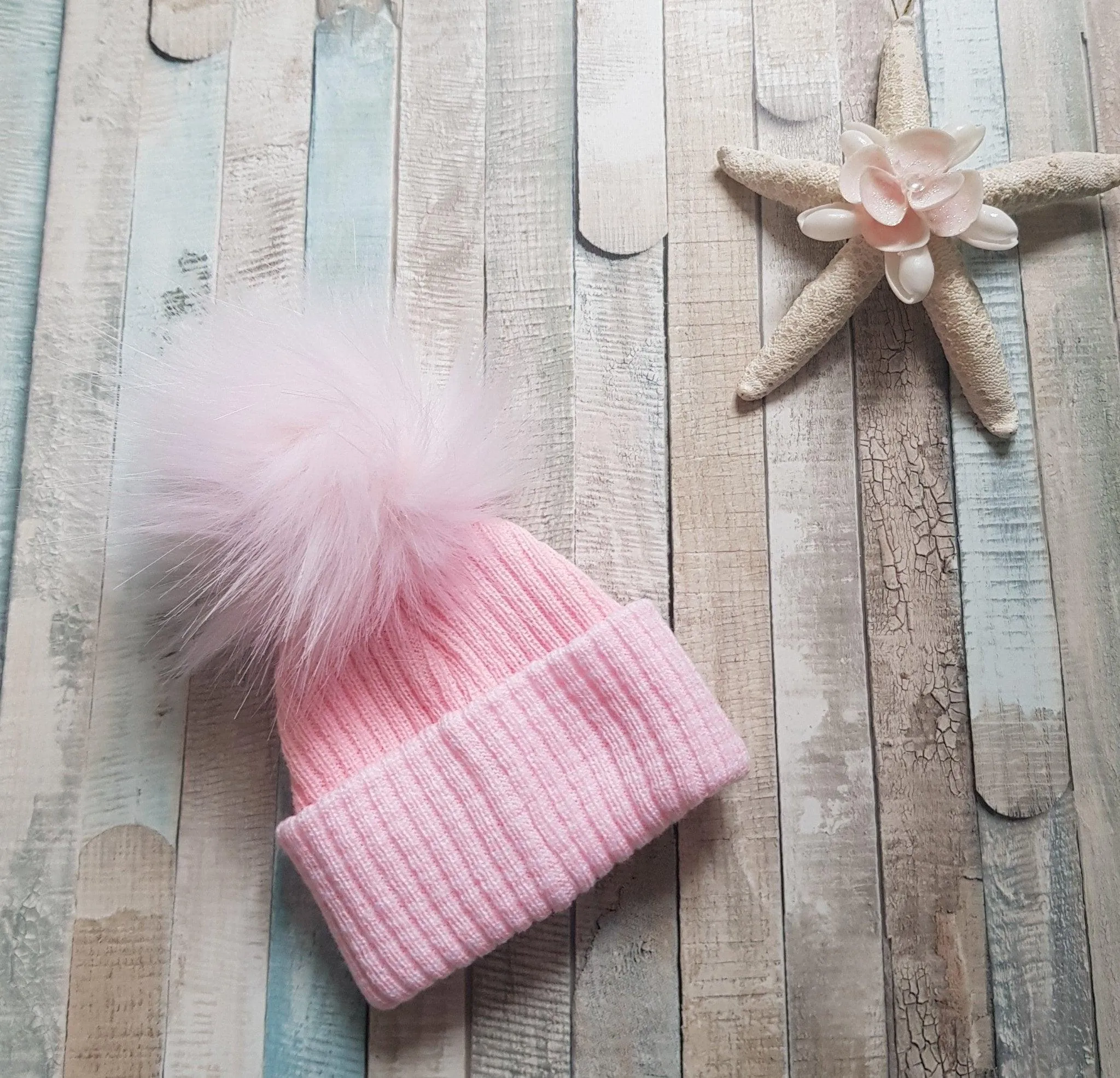 Baby First Size Ribbed Single Fluffy Faux Fur Baby Pom Pom Hat