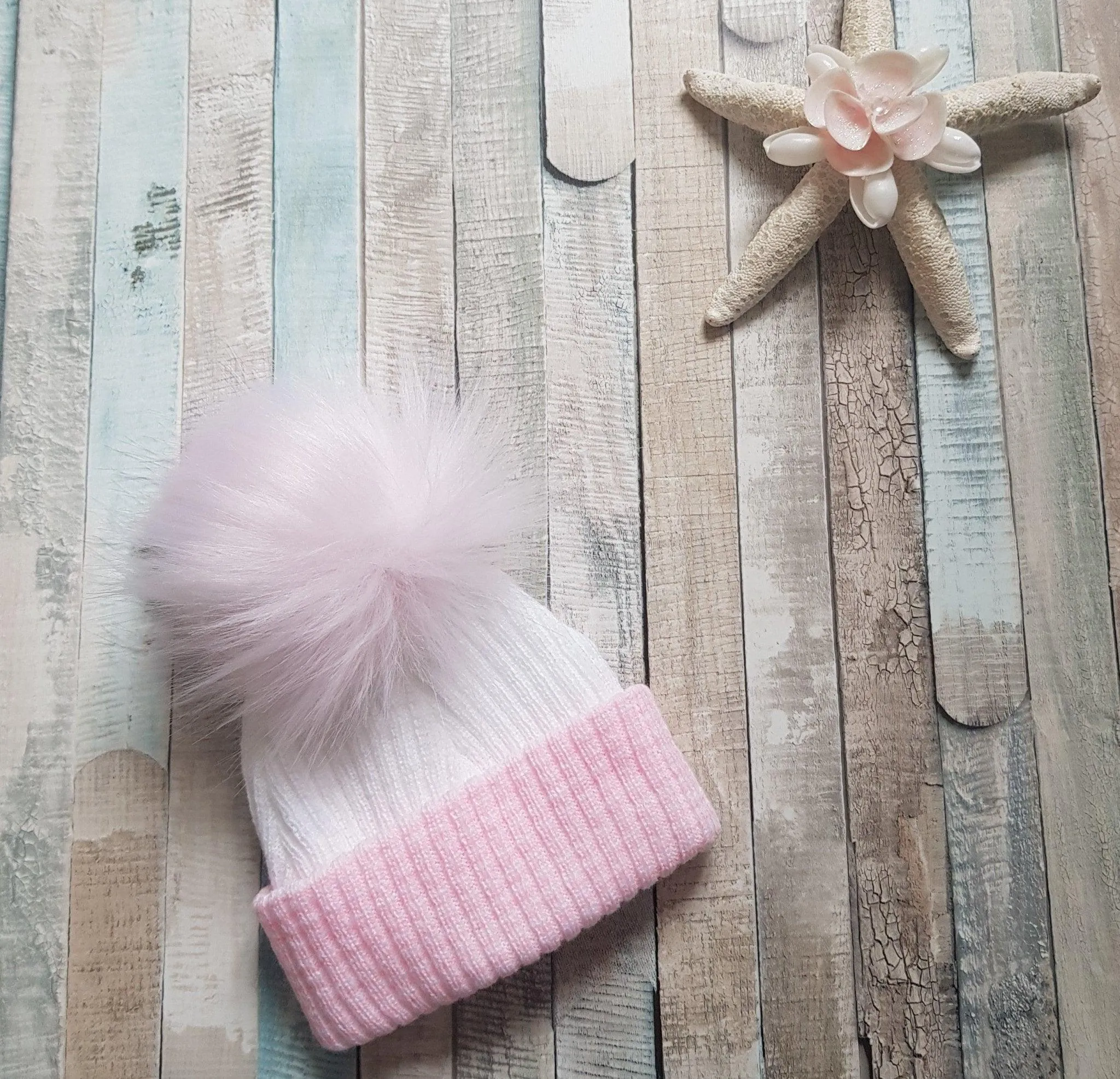 Baby First Size Ribbed Single Fluffy Faux Fur Baby Pom Pom Hat