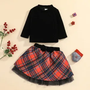 Baby Girls Lovely Clothes Sets 2pcs  Velvet Long Sleeve Tops Plaid Lace Skirts