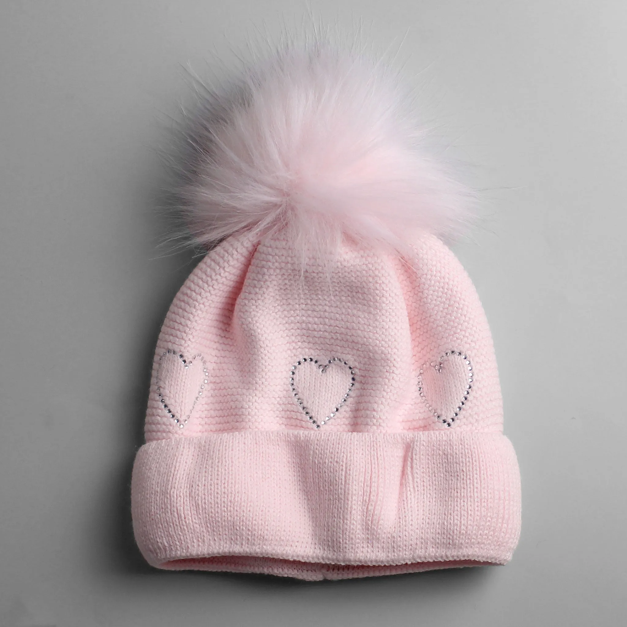 Baby Girls Pink Fur Pom Knitted Hat - Sweetheart