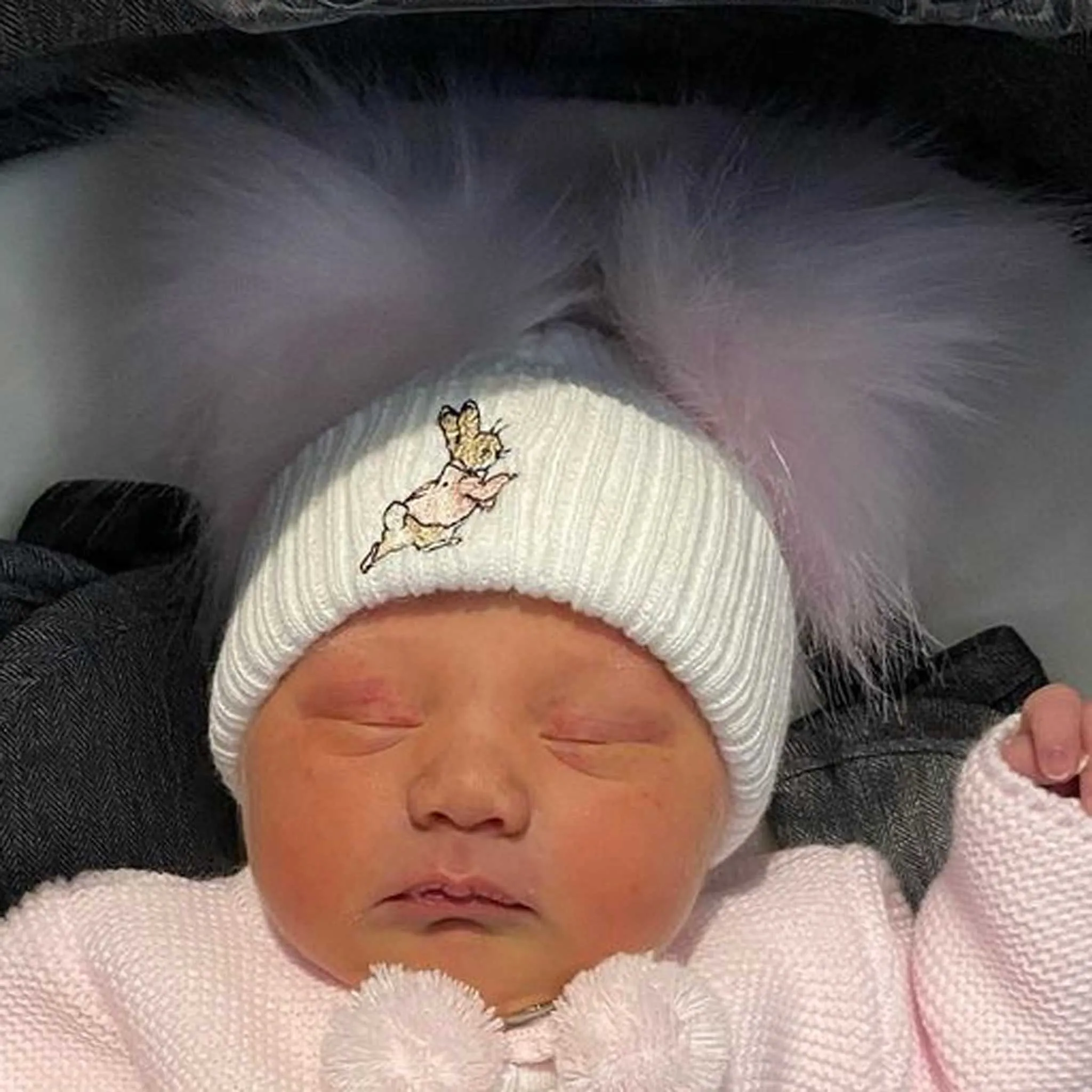 Baby Girls Rabbit Double Pom Hat - White