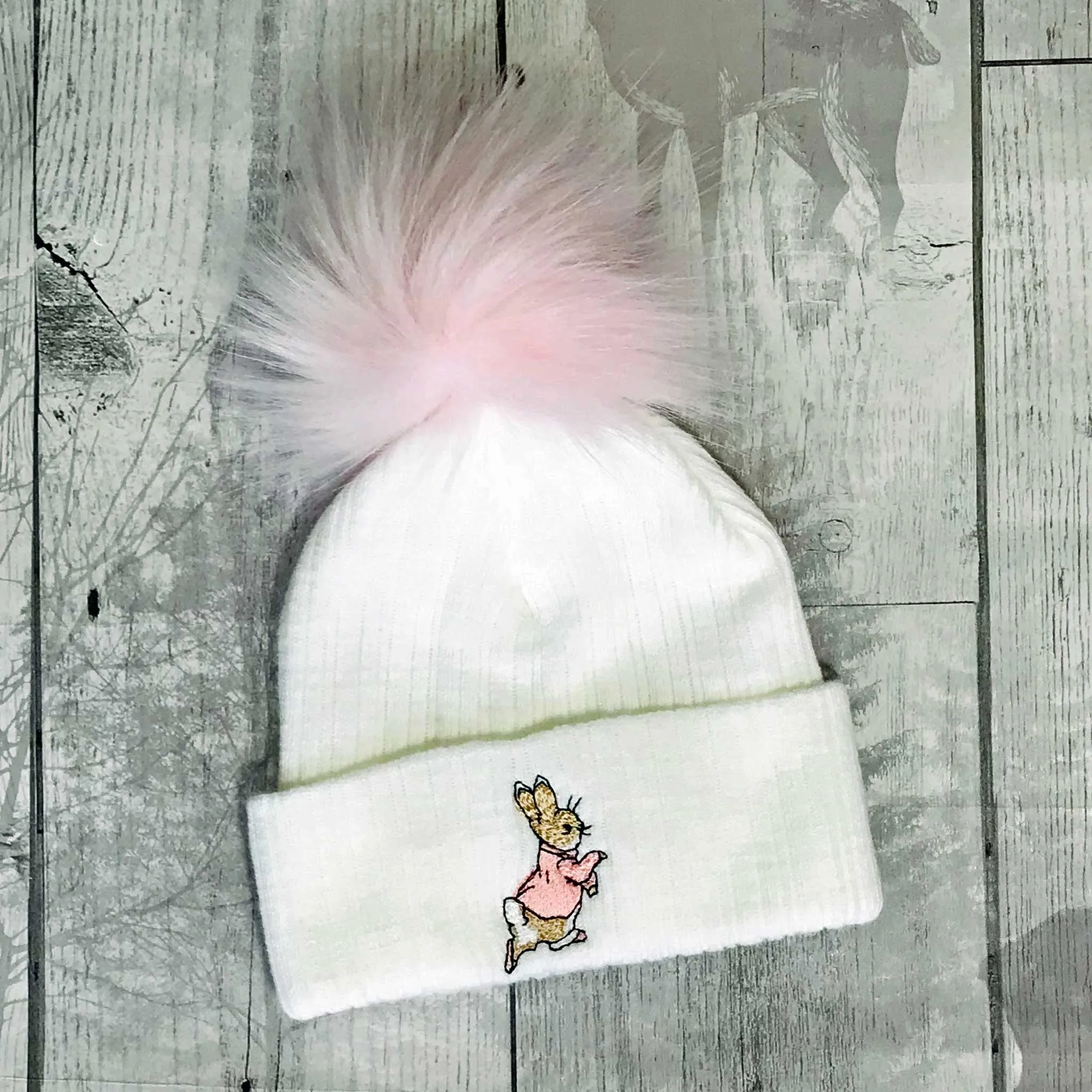 Baby Girls Rabbit Pom Hat - White