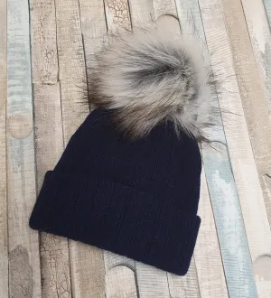 Baby Knitted Navy Single Grey Fluffy Faux Fur Pom Hat