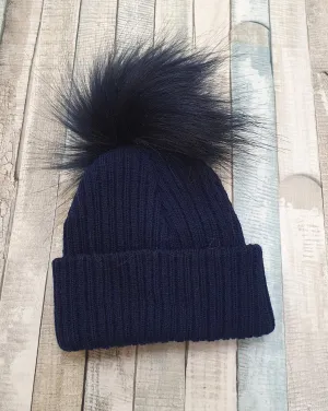 Baby Knitted Navy Single Navy Fluffy Faux Fur Pom Hat