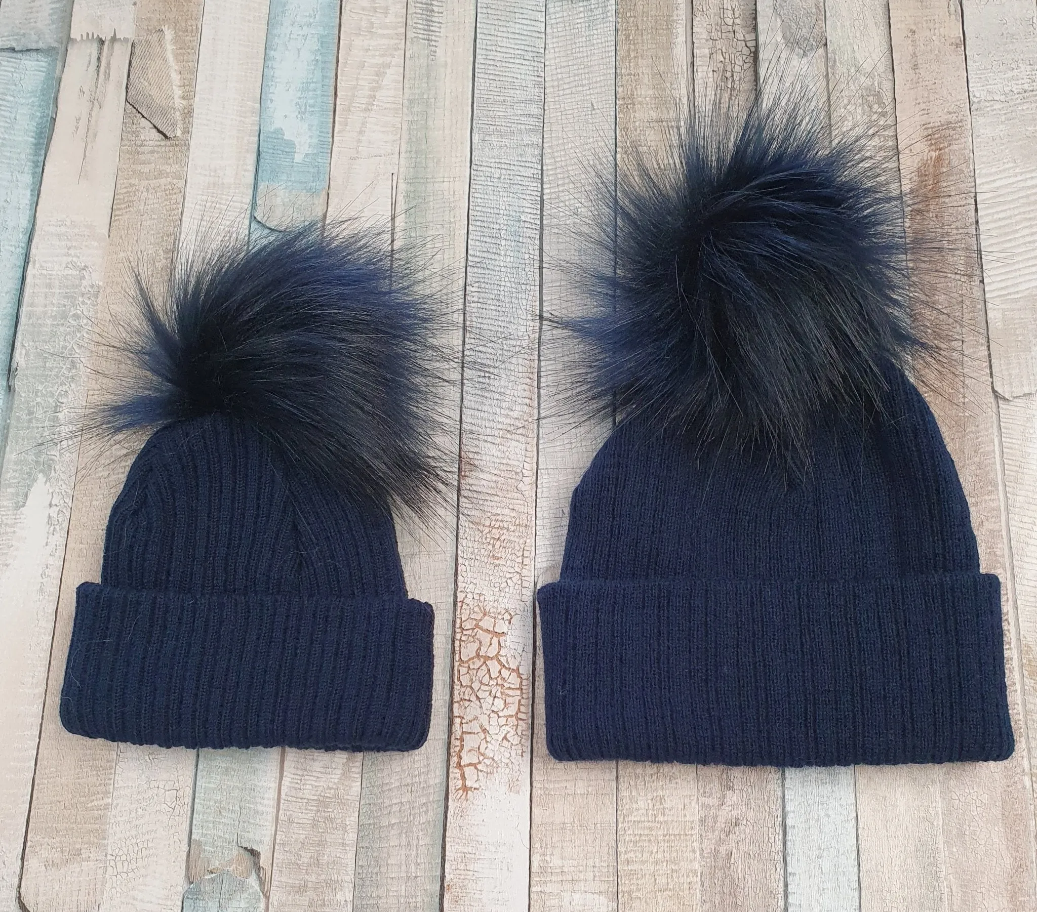 Baby Knitted Navy Single Navy Fluffy Faux Fur Pom Hat