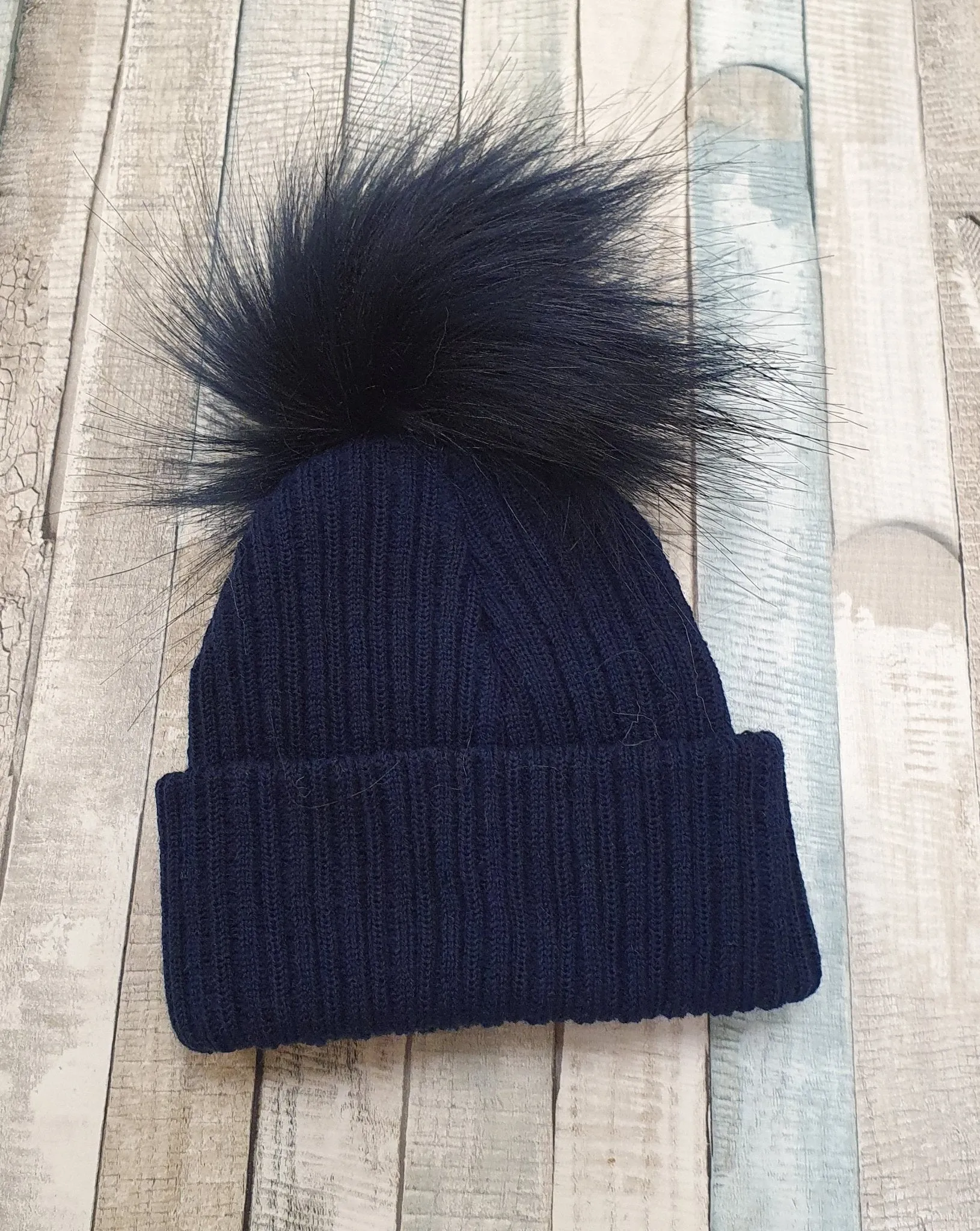 Baby Knitted Navy Single Navy Fluffy Faux Fur Pom Hat