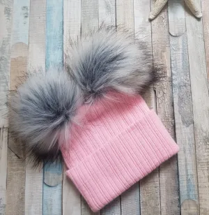 Baby Knitted Pink Double Grey Fluffy Faux Fur Pom Pom Hat