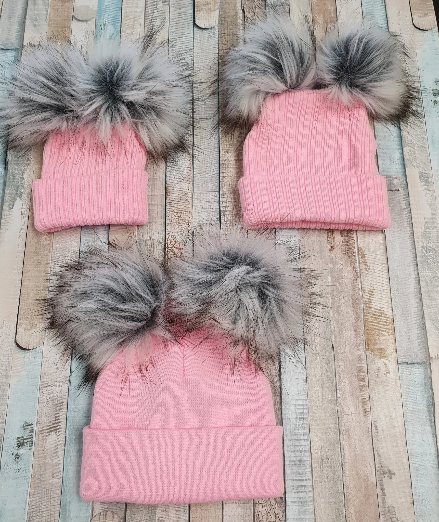 Baby Knitted Pink Double Grey Fluffy Faux Fur Pom Pom Hat