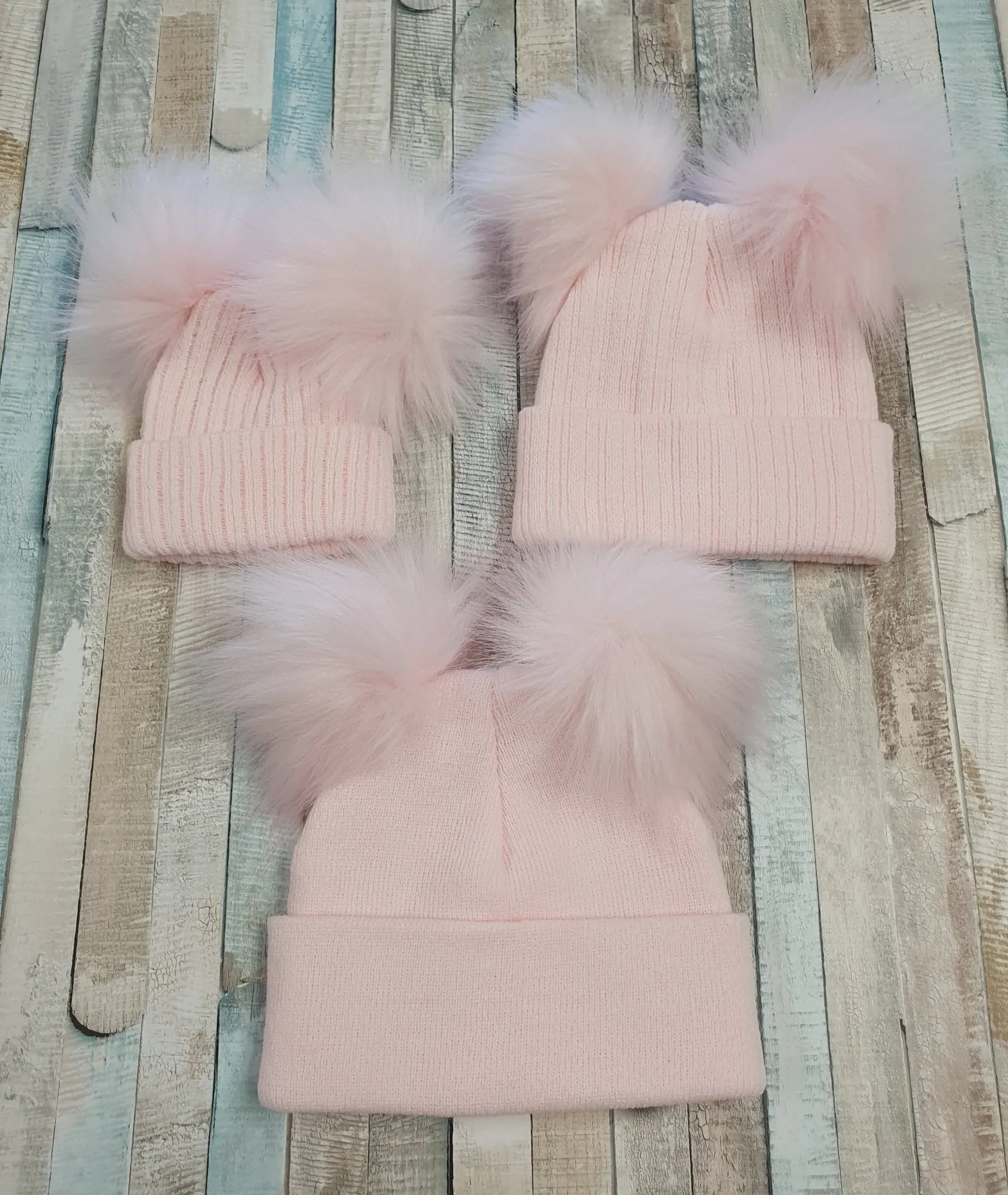 Baby Pink Knitted Double Pink Fluffy Faux Fur Pom Hat