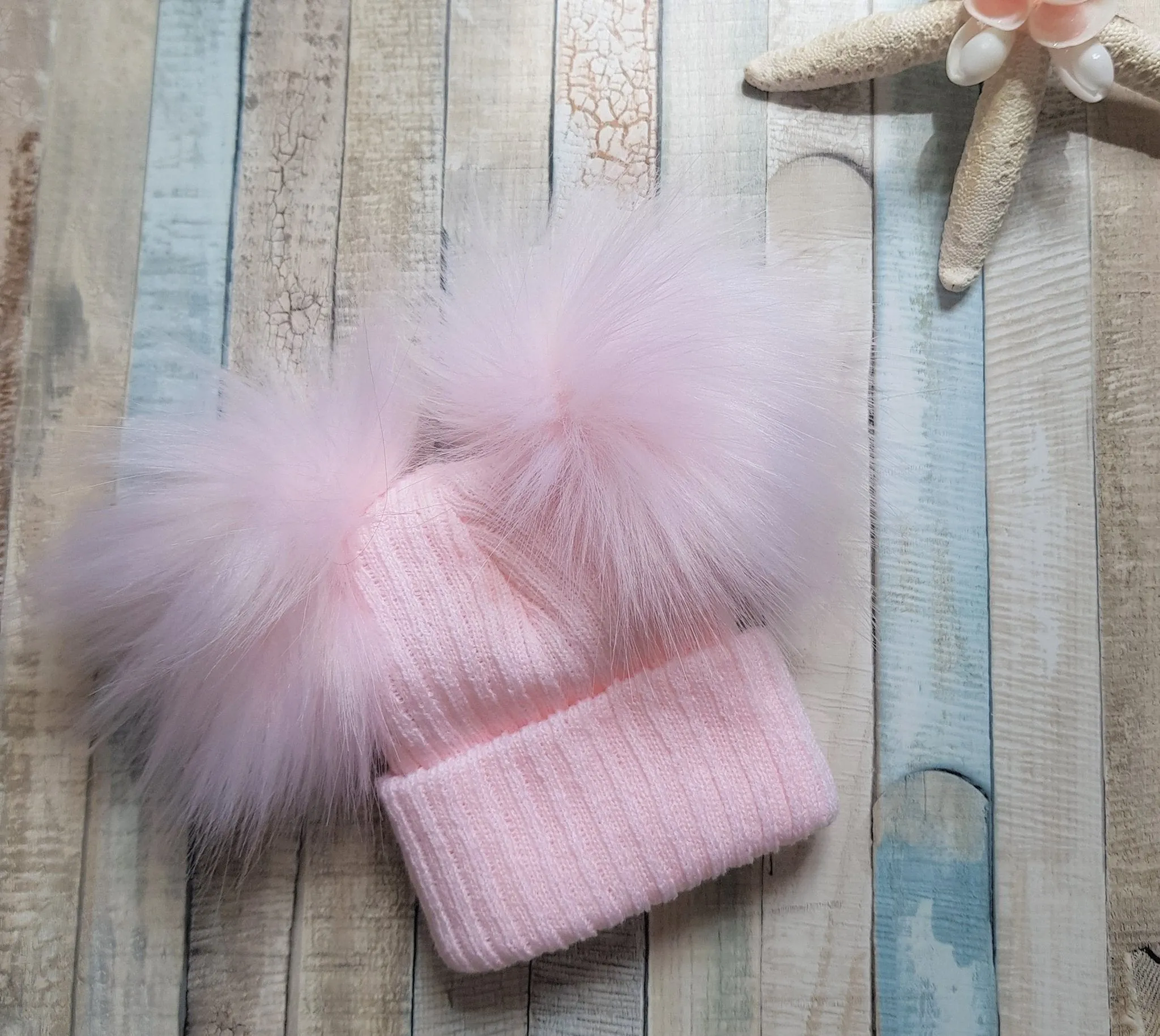 Baby Pink Knitted Double Pink Fluffy Faux Fur Pom Hat