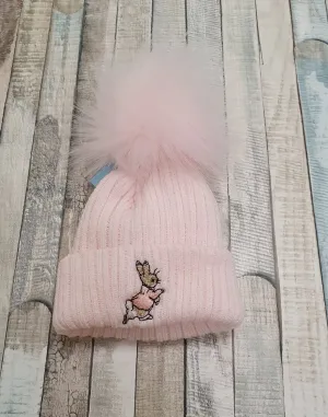 Baby Pink Knitted Pink Rabbit Hat Single Pink Fluffy Faux Fur Pom