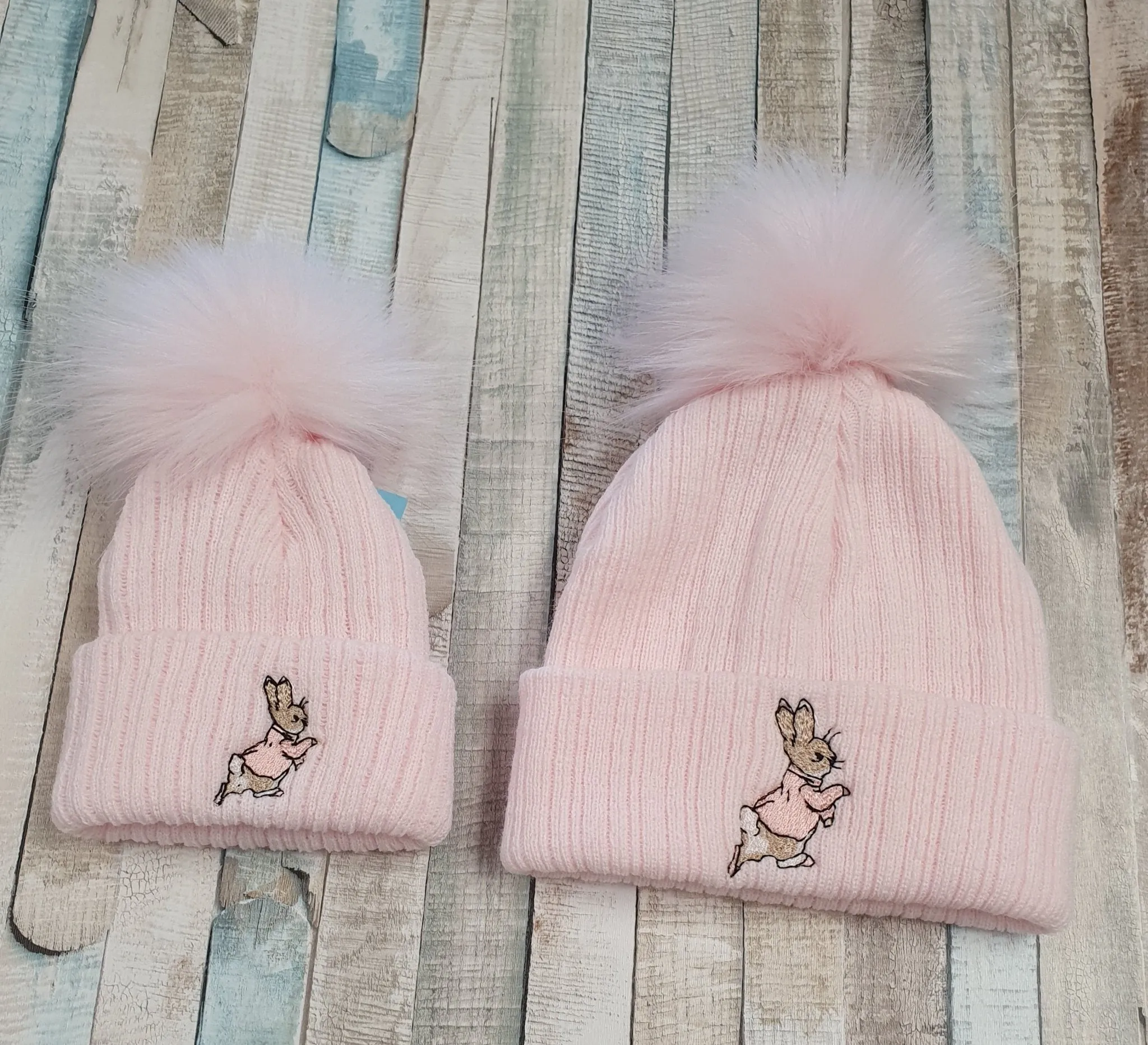 Baby Pink Knitted Pink Rabbit Hat Single Pink Fluffy Faux Fur Pom