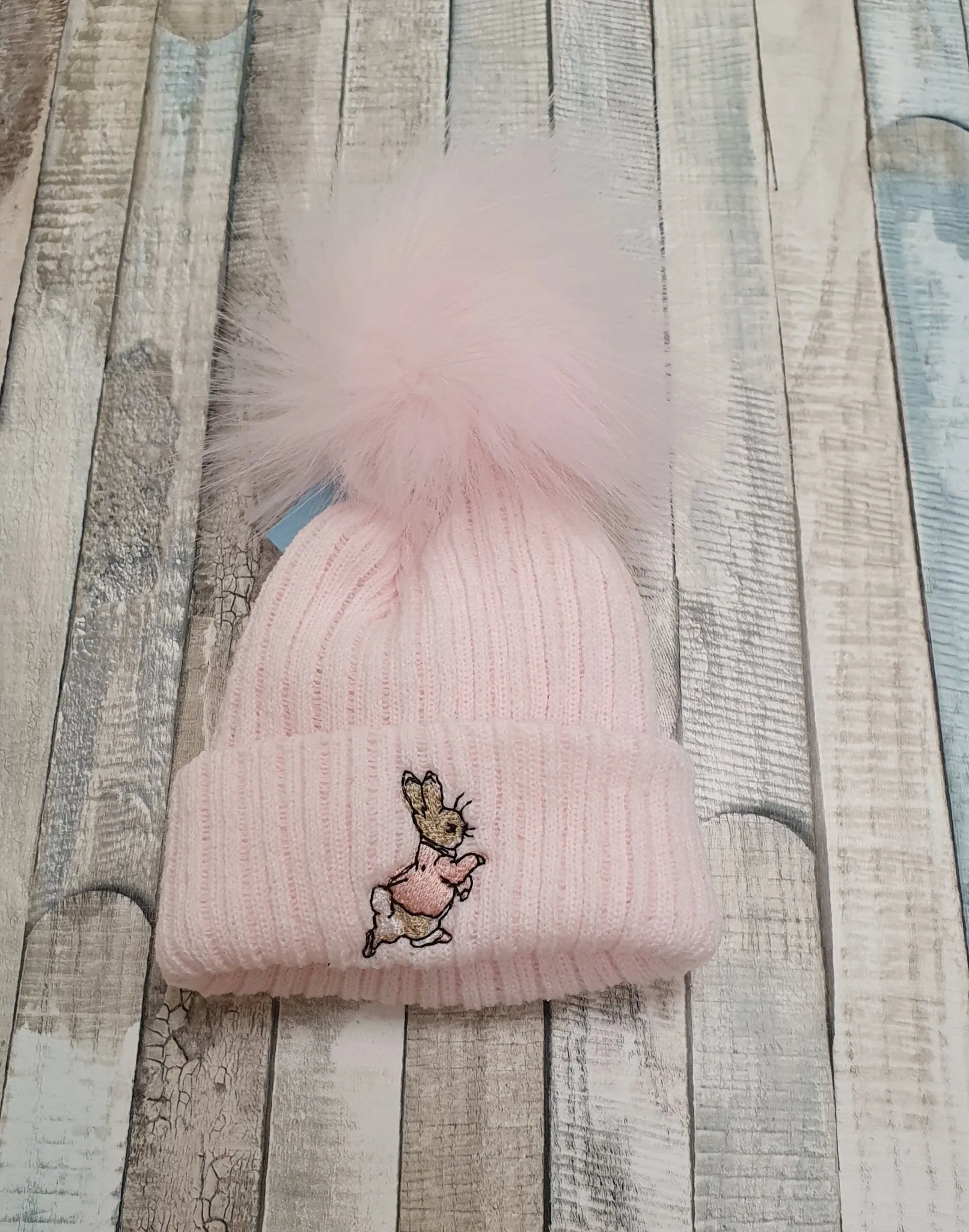 Baby Pink Knitted Pink Rabbit Hat Single Pink Fluffy Faux Fur Pom