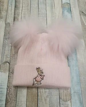 Baby Pink Knitted Pink Rabbit Hat With Double Pink Fluffy Faux Fur Pom