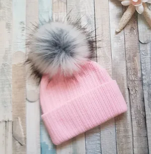 Baby Pink Knitted Single Grey Fluffy Faux Fur Pom Hat