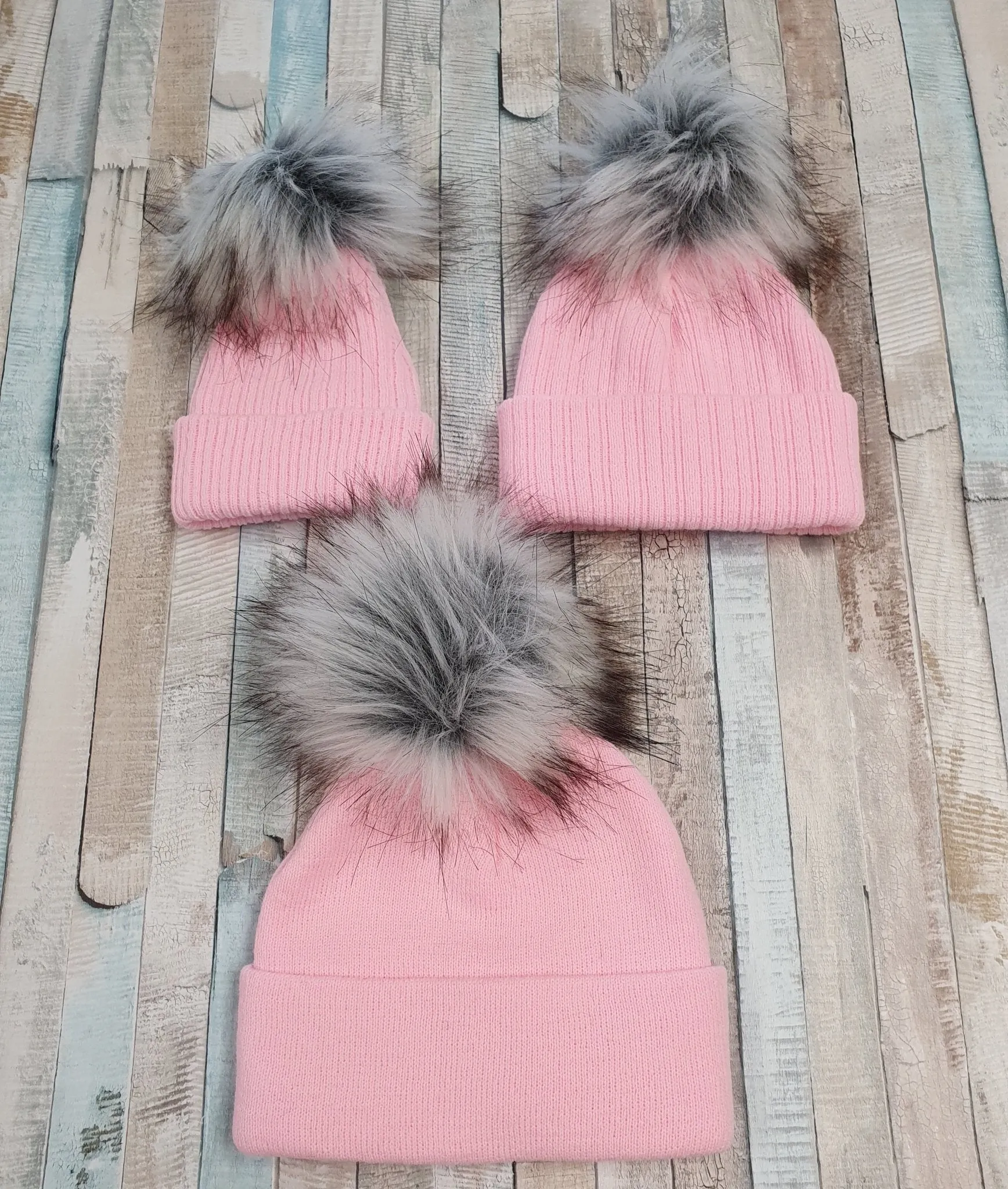 Baby Pink Knitted Single Grey Fluffy Faux Fur Pom Hat