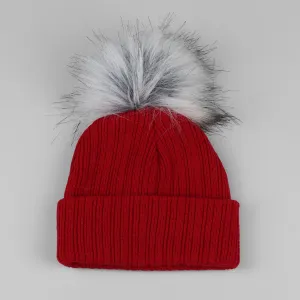 Baby Pom Pom Hat - Red - Faux Fur Bobble