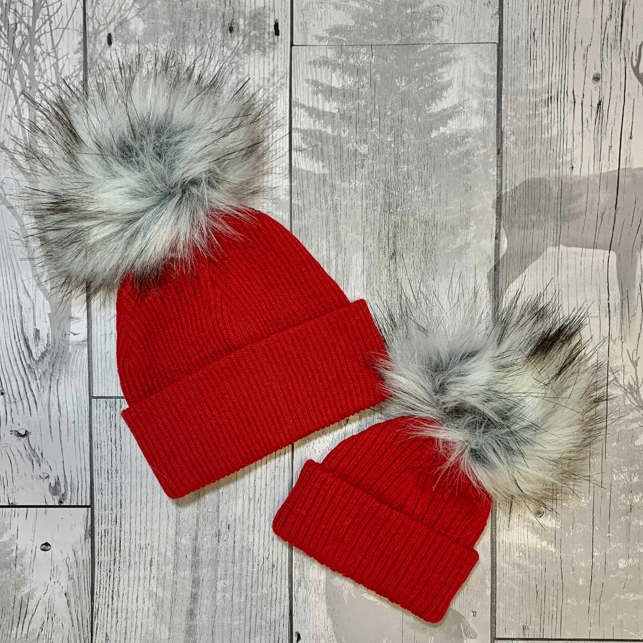 Baby Pom Pom Hat - Red - Faux Fur Bobble