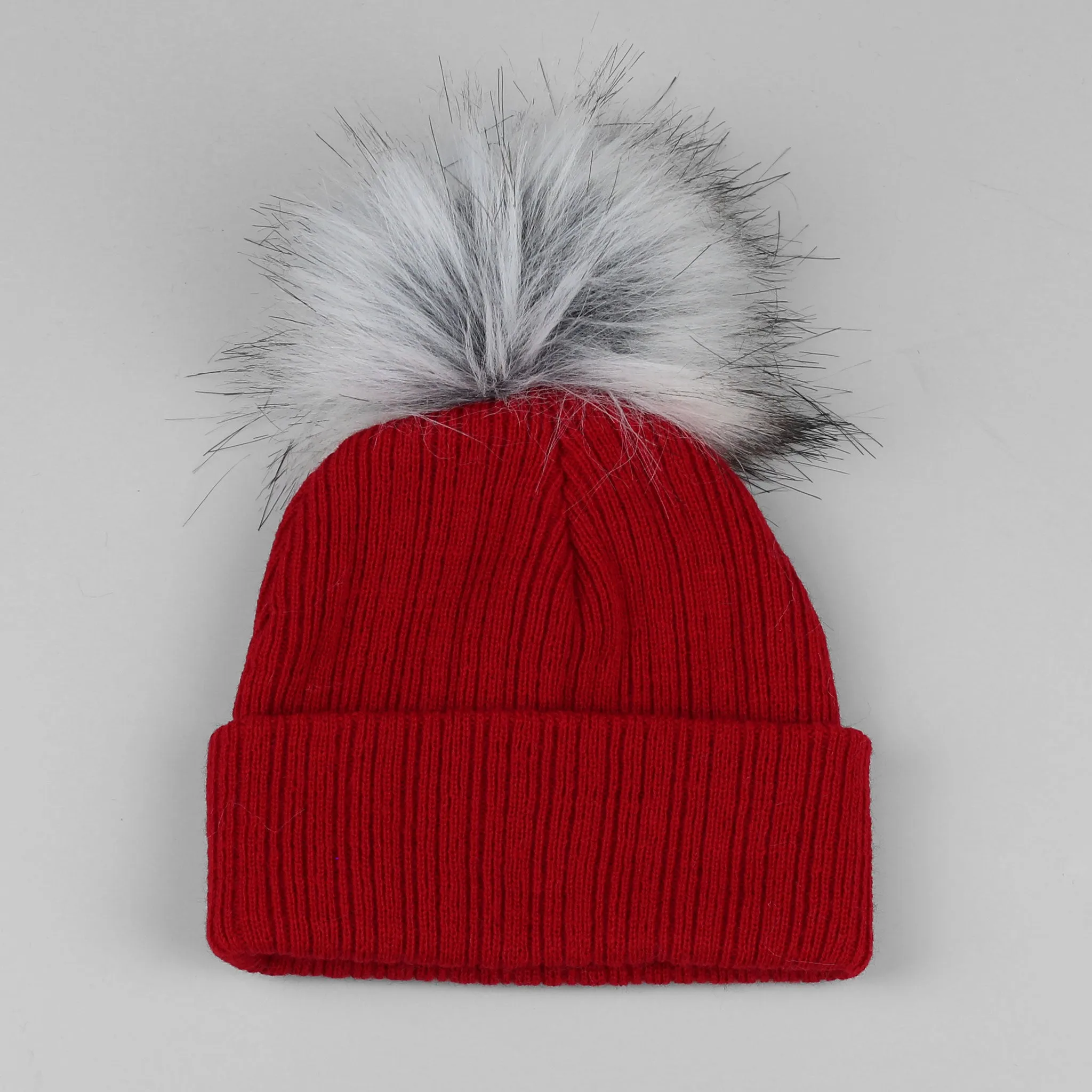 Baby Pom Pom Hat - Red - Faux Fur Bobble