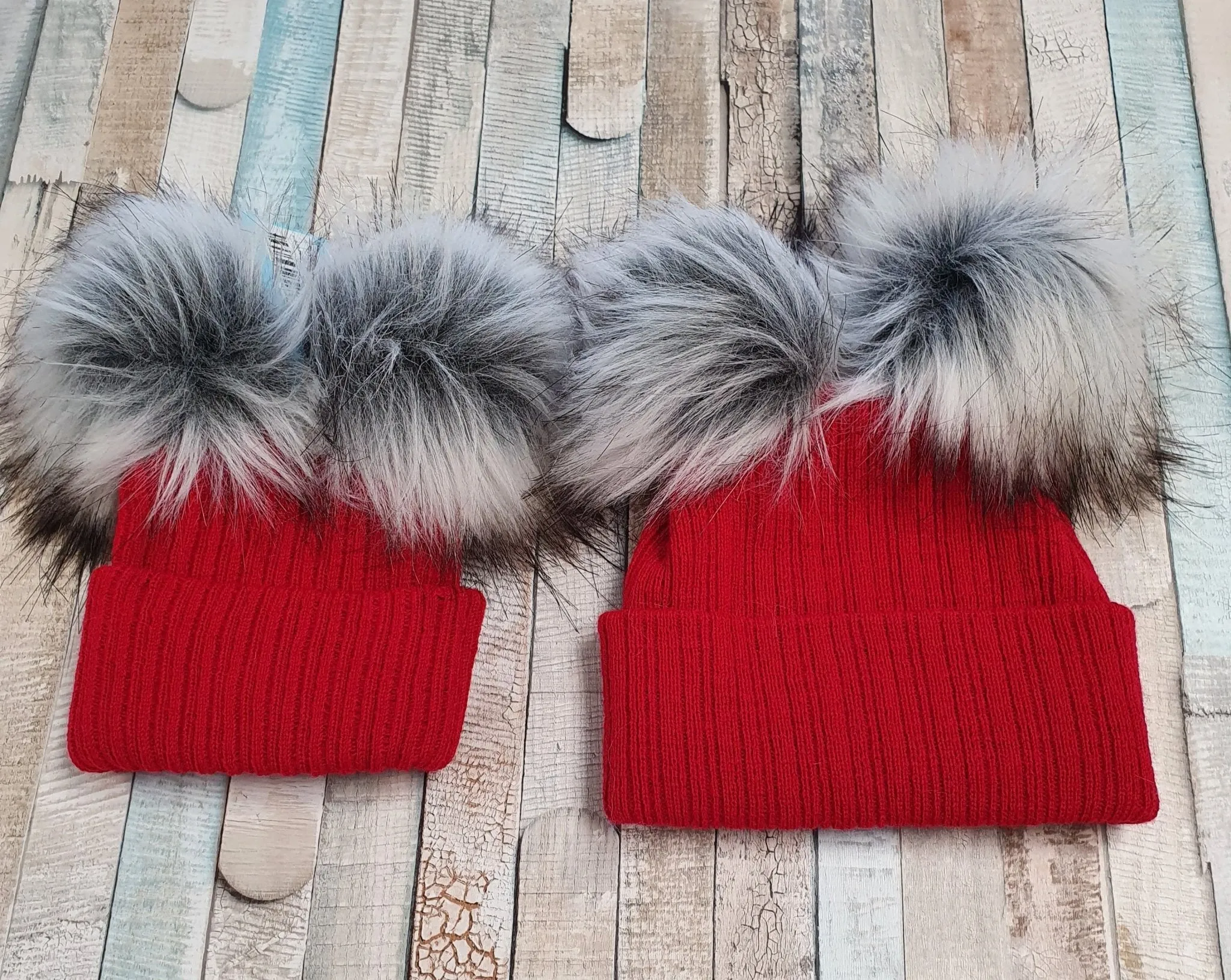 Baby Red Knitted Double Grey Fluffy Faux Fur Pom Hat