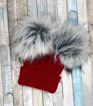 Baby Red Knitted Double Grey Fluffy Faux Fur Pom Hat