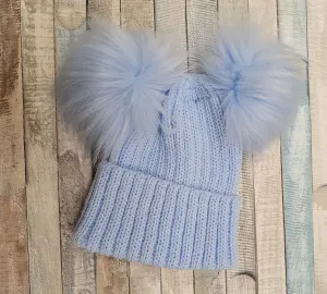 Baby Thick Knitted Blue Double Fluffy Faux Fur Pom Hat