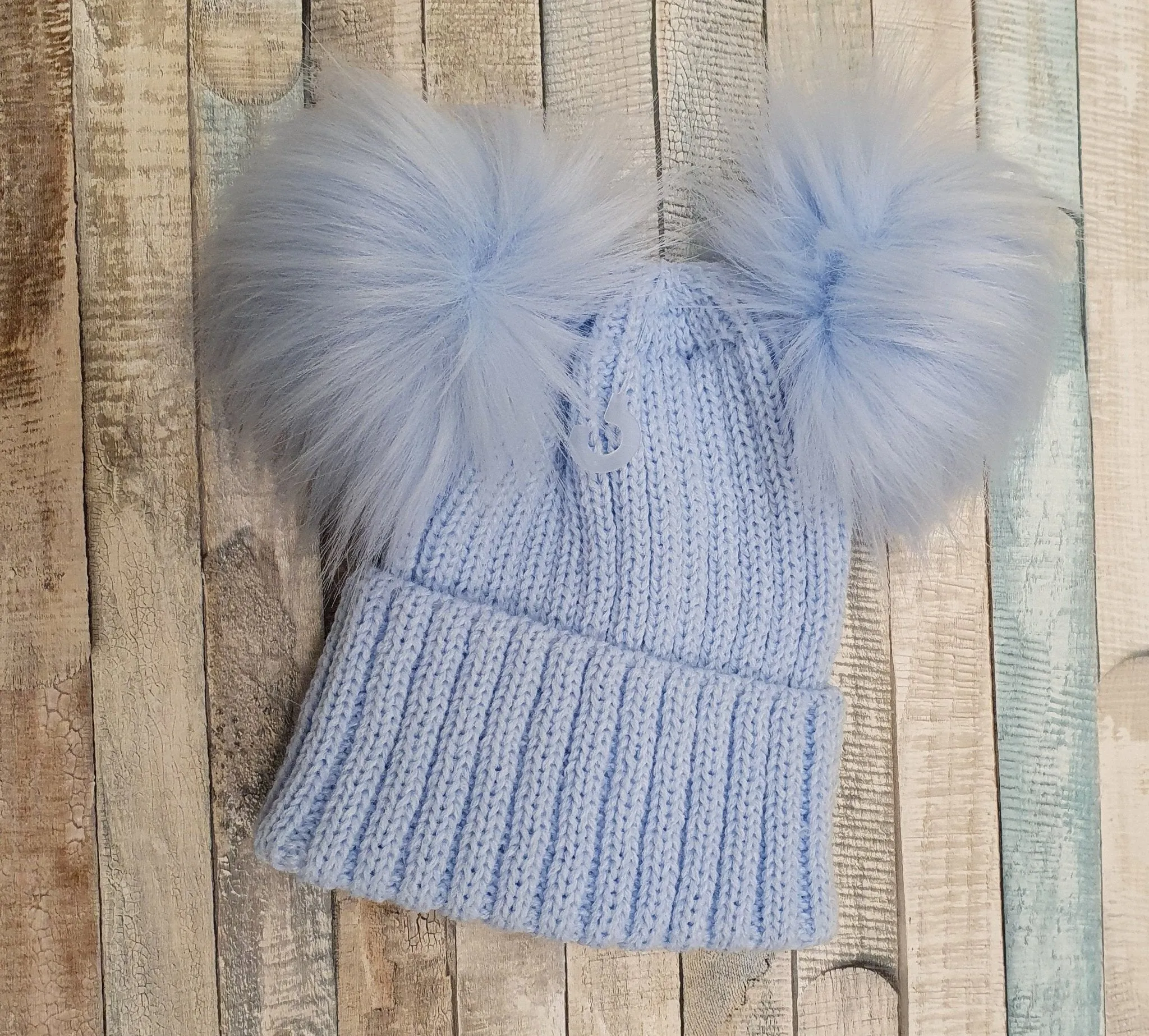 Baby Thick Knitted Blue Double Fluffy Faux Fur Pom Hat