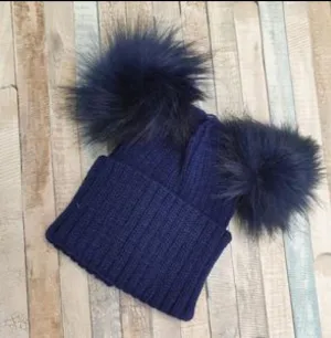 Baby Thick Knitted Navy Double Navy Fluffy Faux Fur Pom Hat