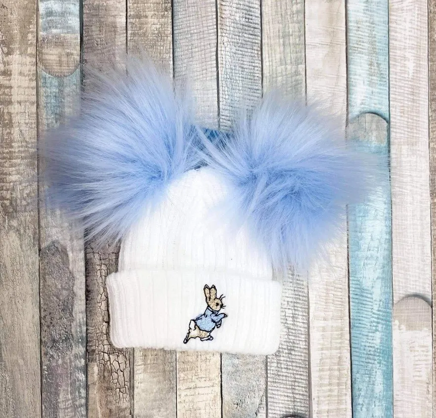 Baby White Double Blue Fluffy Faux Fur Pom Hat With Blue Rabbit