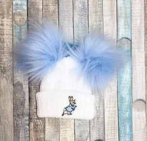 Baby White Double Blue Fluffy Faux Fur Pom Hat With Blue Rabbit
