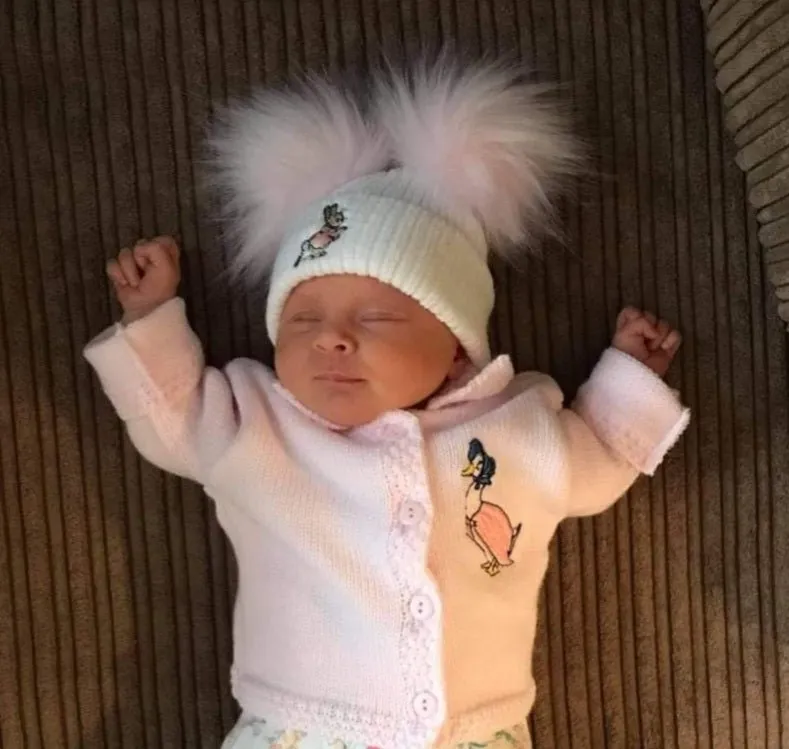 Baby White Hat With Pink Rabbit Double Pink Fluffy Faux Fur Pom Pom Hat