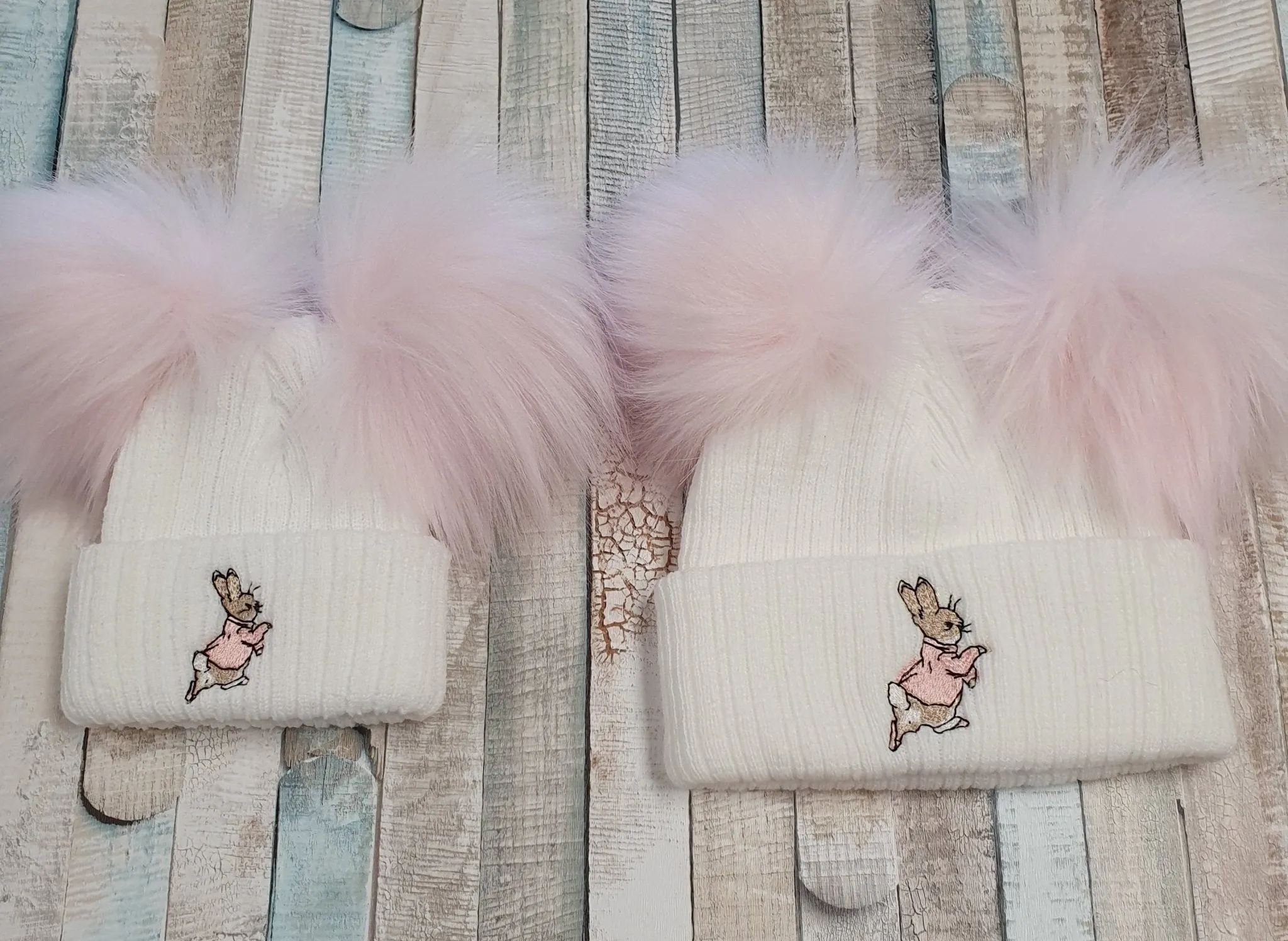 Baby White Hat With Pink Rabbit Double Pink Fluffy Faux Fur Pom Pom Hat