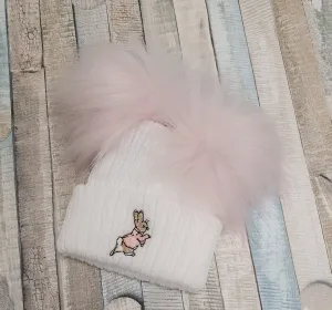 Baby White Hat With Pink Rabbit Double Pink Fluffy Faux Fur Pom Pom Hat