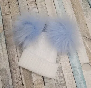 Baby White Knitted Double Blue Fluffy Faux Fur Pom Hat