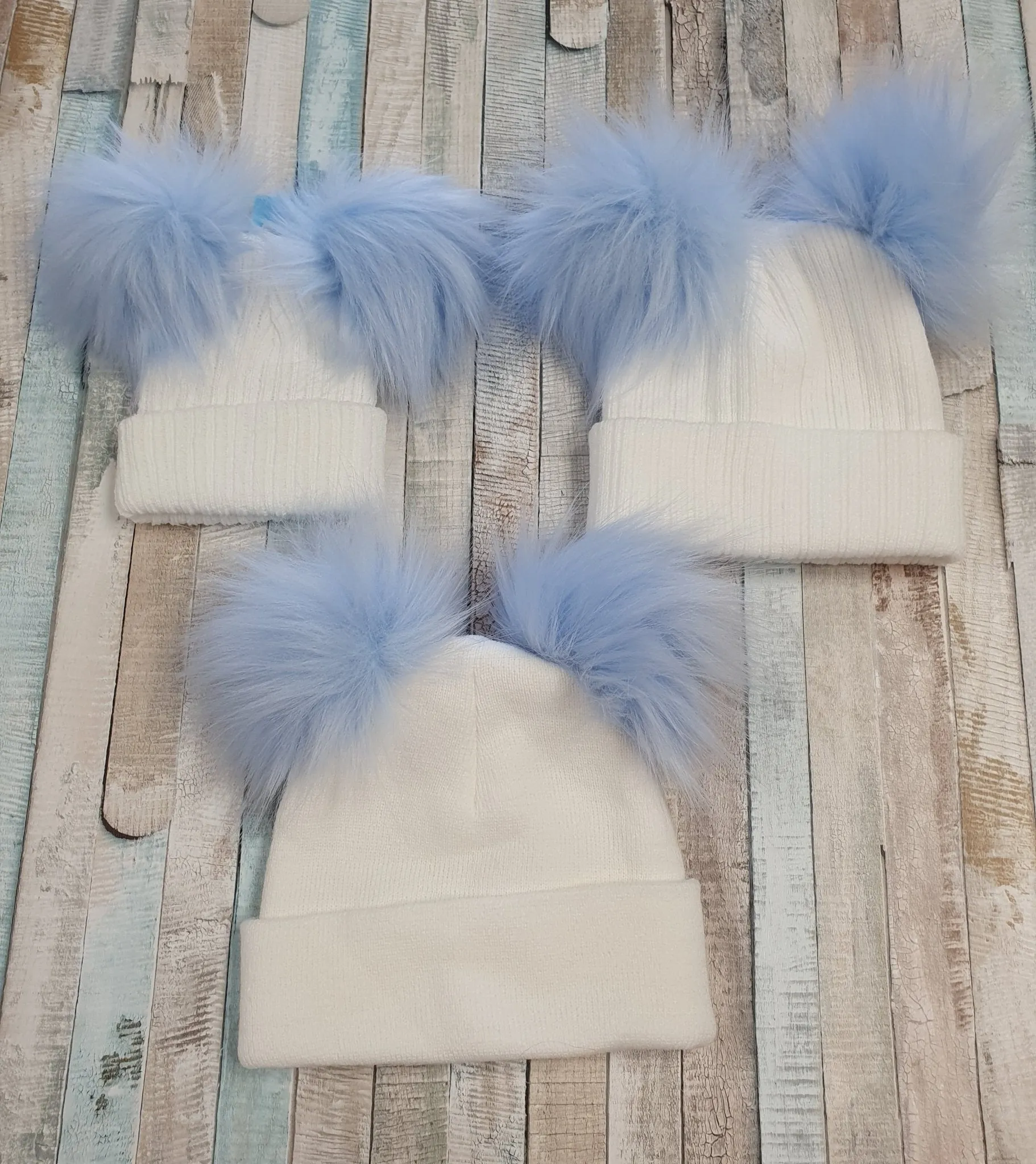 Baby White Knitted Double Blue Fluffy Faux Fur Pom Hat