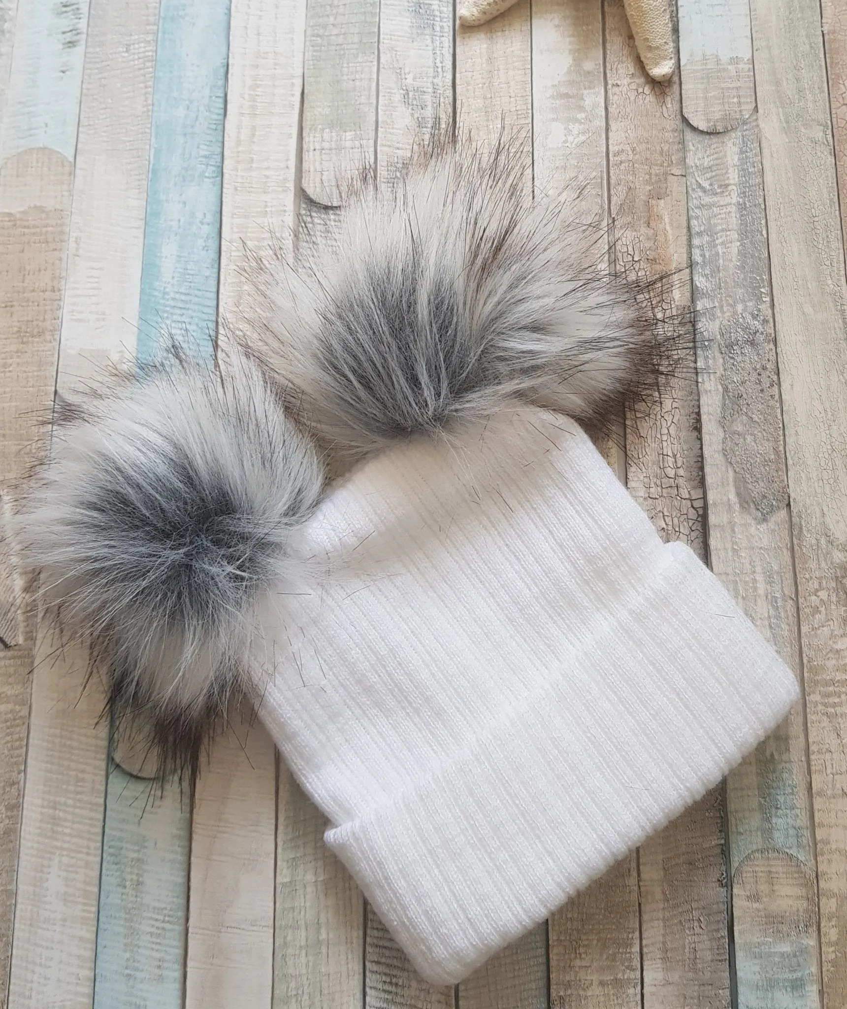 Baby White Knitted Double Grey Fluffy Faux Fur Pom Hat