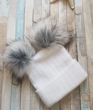 Baby White Knitted Double Grey Fluffy Faux Fur Pom Hat