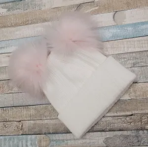 Baby White Knitted Double Pink Fluffy Faux Fur Pom Hat