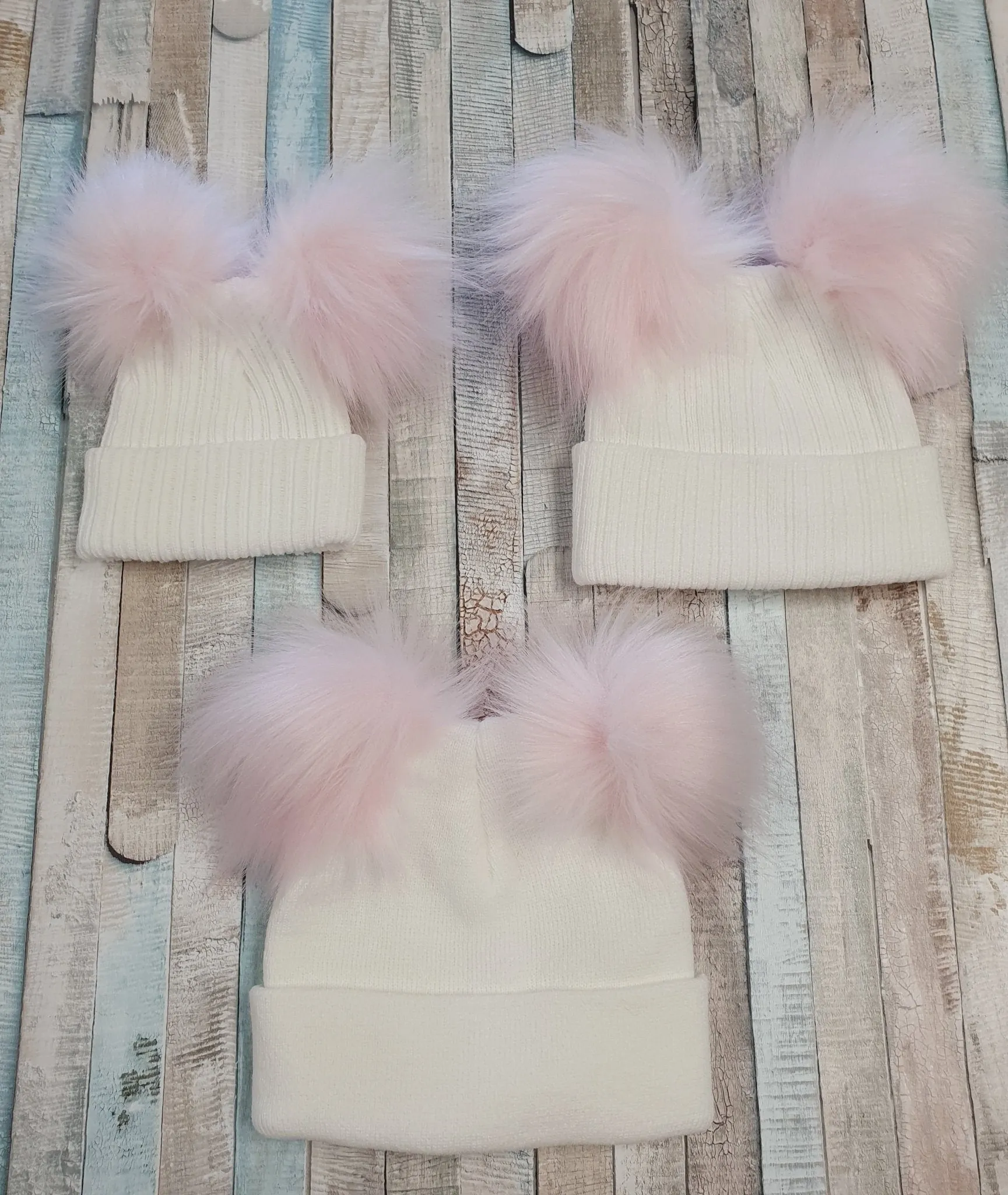 Baby White Knitted Double Pink Fluffy Faux Fur Pom Hat