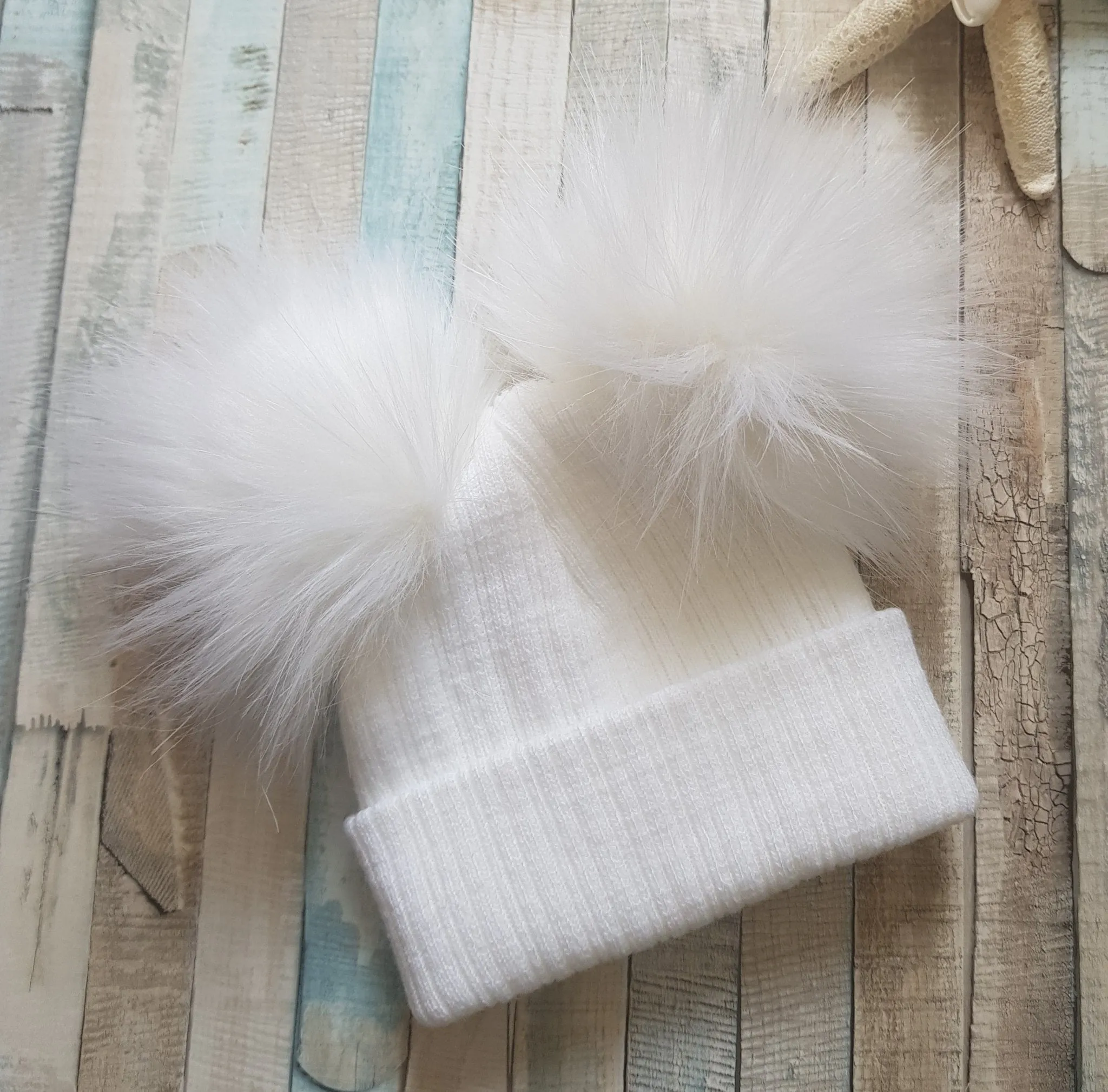Baby White Knitted Double White Fluffy Faux Fur Pom Hat