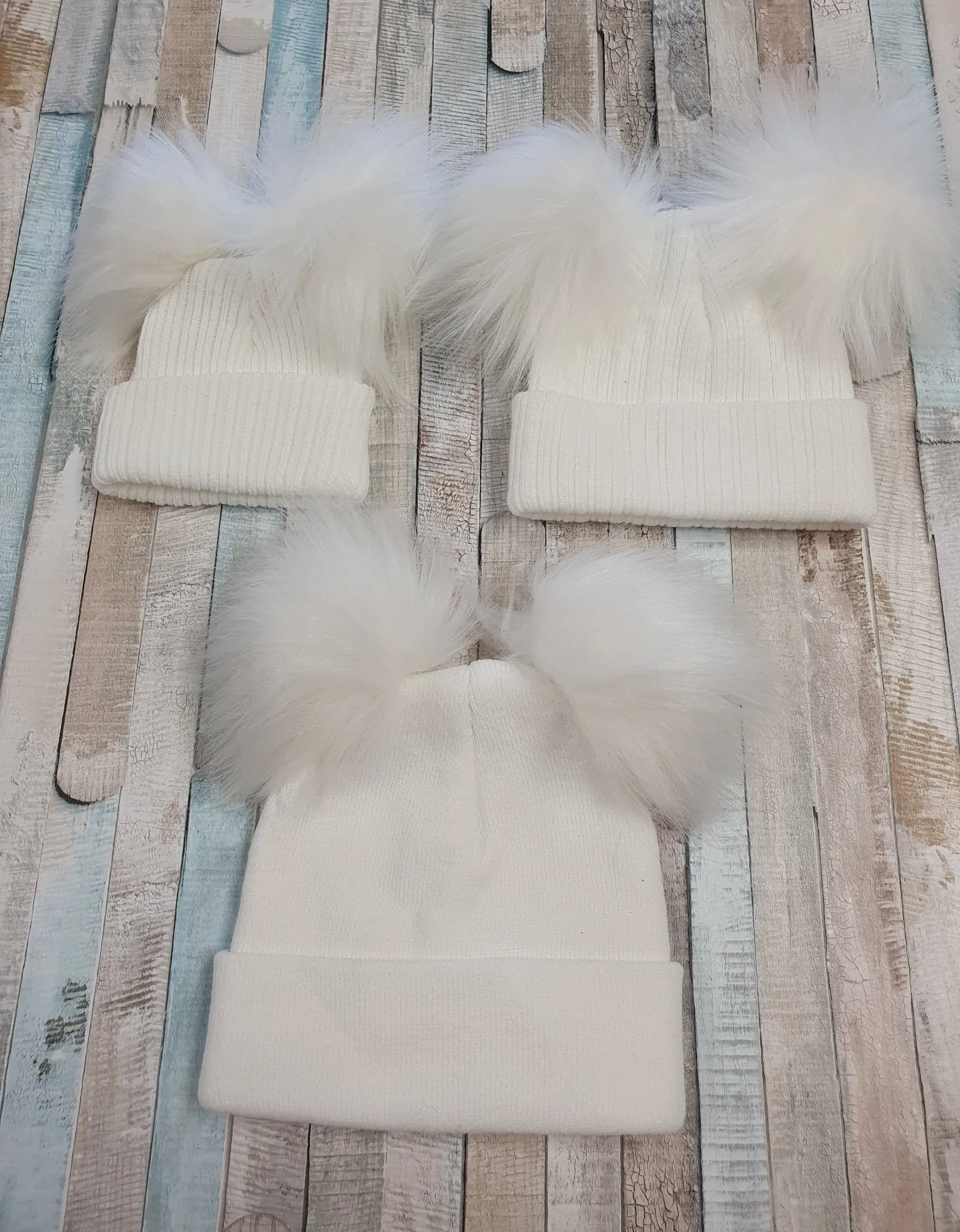 Baby White Knitted Double White Fluffy Faux Fur Pom Hat