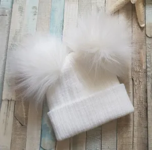 Baby White Knitted Double White Fluffy Faux Fur Pom Hat