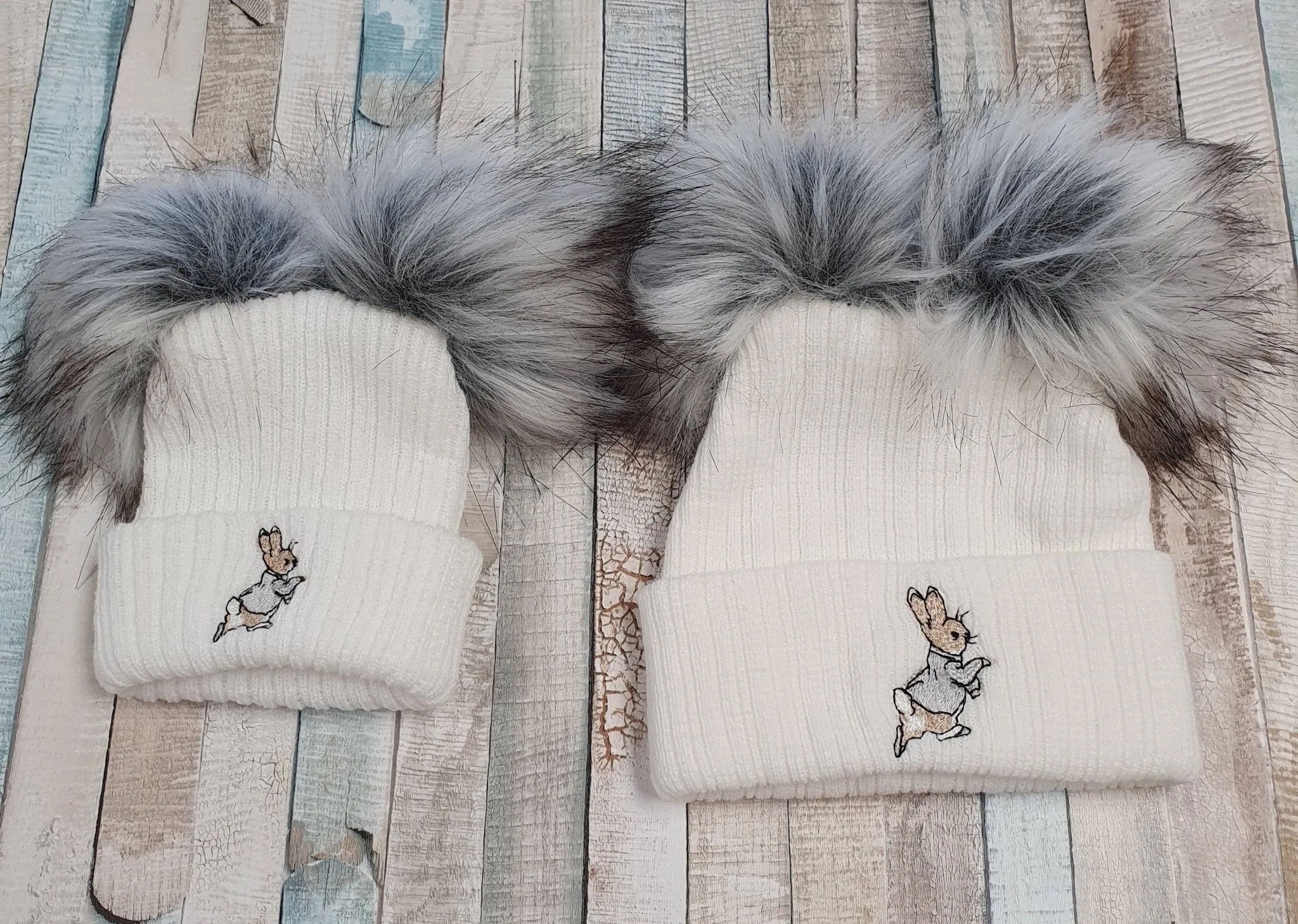 Baby White Knitted Grey Rabbit Double Grey Fluffy Faux Fur Pom Hat