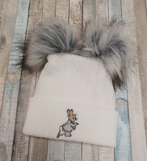 Baby White Knitted Grey Rabbit Double Grey Fluffy Faux Fur Pom Hat