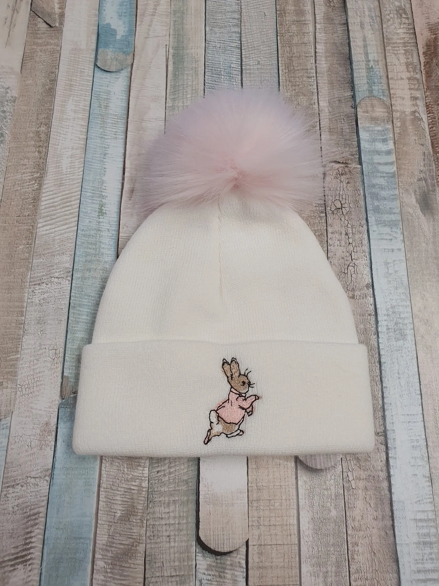 Baby White Knitted Pink Rabbit Pink Single Fluffy Faux Fur Pom Hat