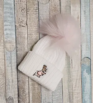 Baby White Knitted Pink Rabbit Pink Single Fluffy Faux Fur Pom Hat
