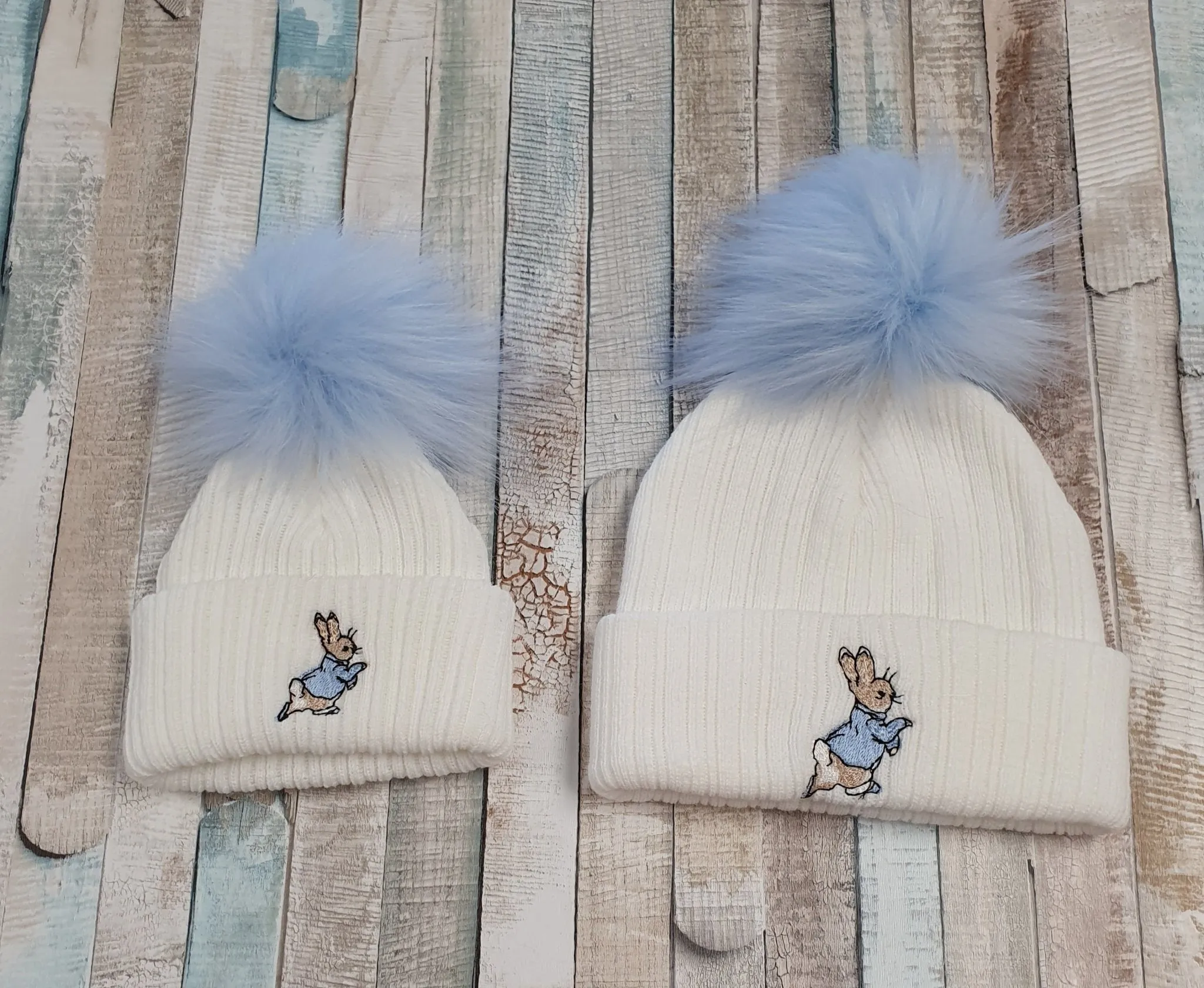 Baby White Knitted Rabbit Hat Blue Single Fluffy Faux fur Pom