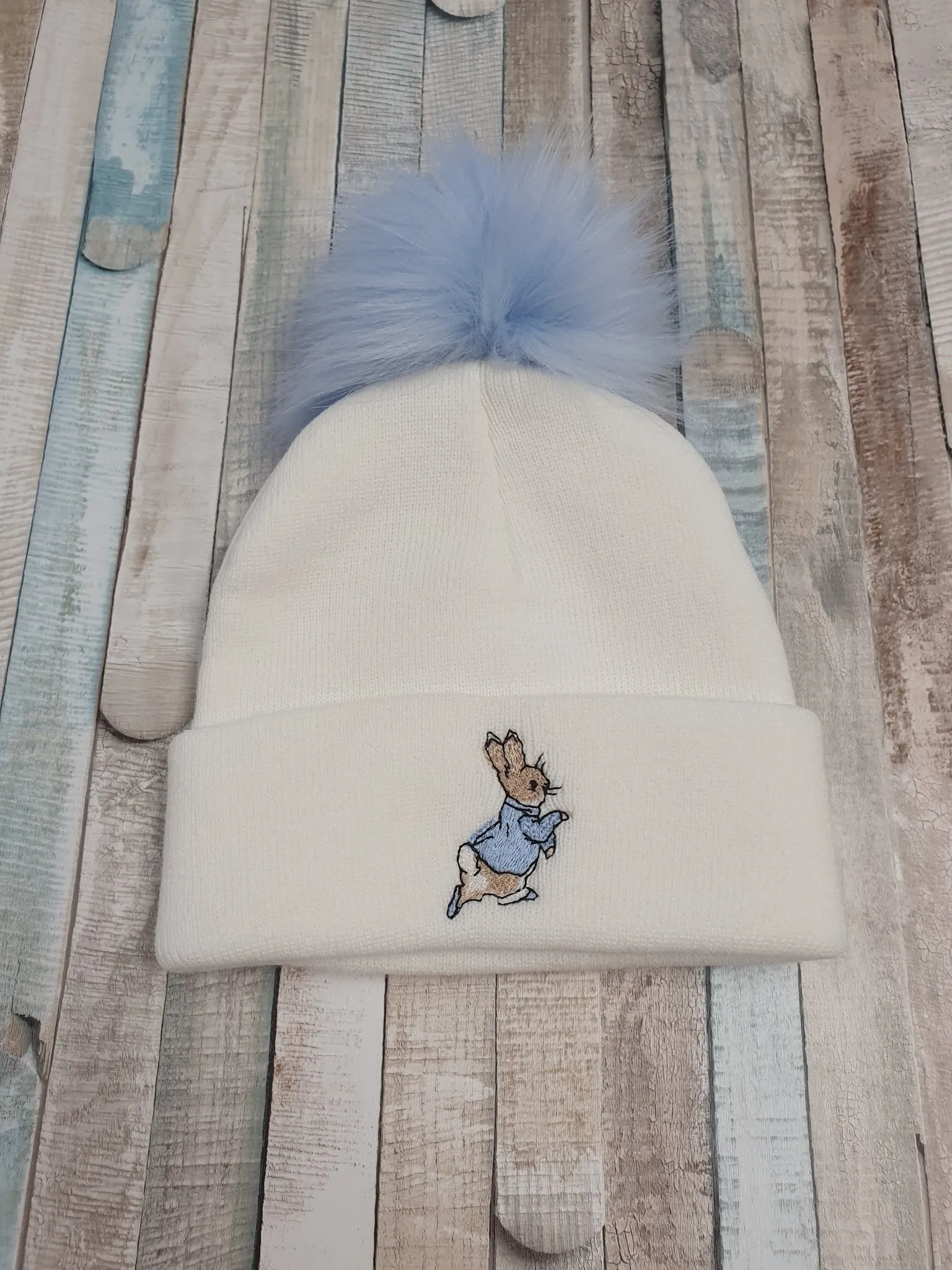 Baby White Knitted Rabbit Hat Blue Single Fluffy Faux fur Pom
